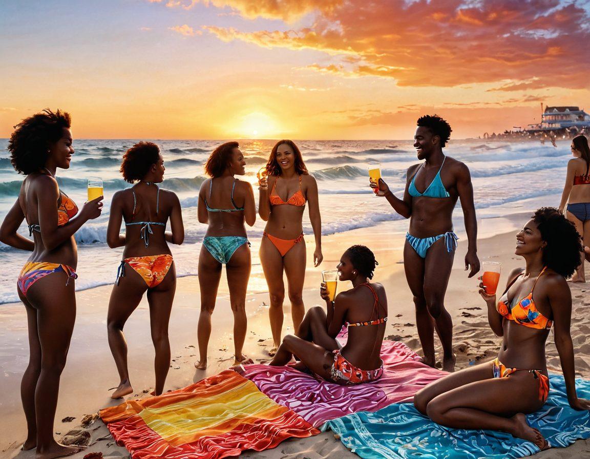 A vibrant beach scene at sunset, where a group of diverse people are joyfully playing and laughing while wearing stylish swimming suits. Include a mix of melancholic elements like a soft, melancholic wave in the background juxtaposed with the lively beach festivities, showcasing the transformation from sadness to joy. The foreground features colorful beach towels and a refreshing drink. super-realistic. vibrant colors. warm tones.